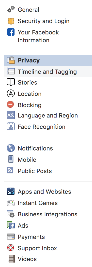 screenshot of facebook privacy settings panel on desktop